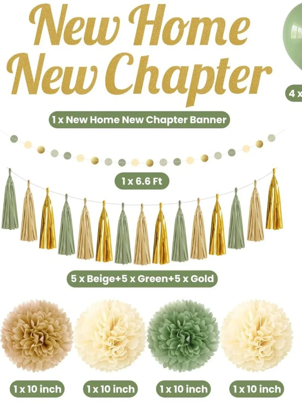 New Home New Chapter Housewarming Decorations Set Green Gold Balloons Banner